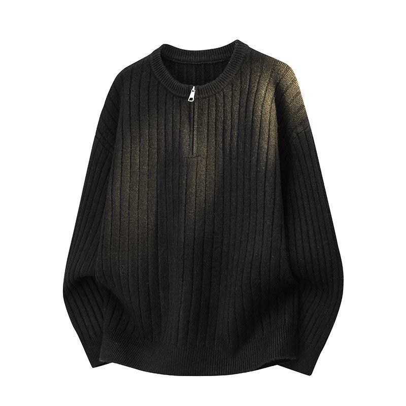 Men's Casual Ribbed Knit Sweater - Autumn/Winter Round Neck Loose-Fit.