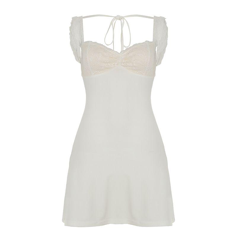 

Rockmore [European and American Sexy] White Lace Stitching Chest Type Slim fit Short dress Backless Lace-up Dress Women White S