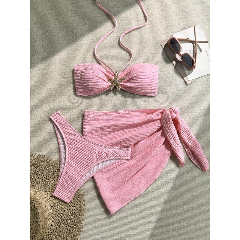 3 Piece Starfish Bandeau Bikini Set with Sarong Women's Textured Black Swimwear