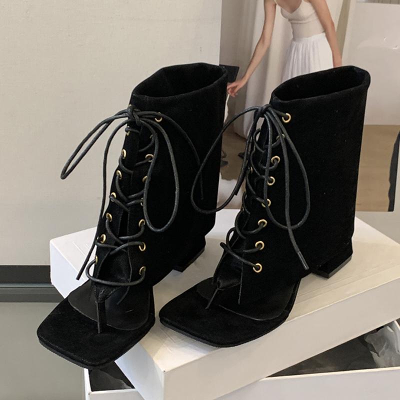 

Fashion Liyke Autumn Street Fashion Clip Square Toe Lace Up Ankle Boots Sandals Women Square High Heels Party Prom Shoes Zapatos Mujer 35 чёрный