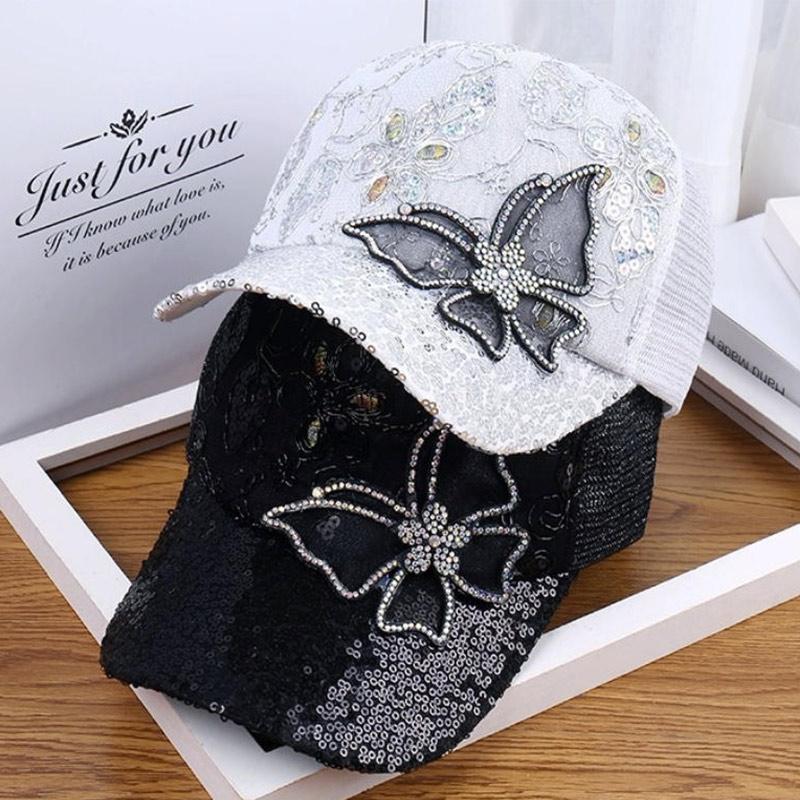 Korean Sequined Duckbill Cap For Women's Rhinestone Butterfly Baseball Cap For Women's Summer Breathable Sunshade Mesh Hat
