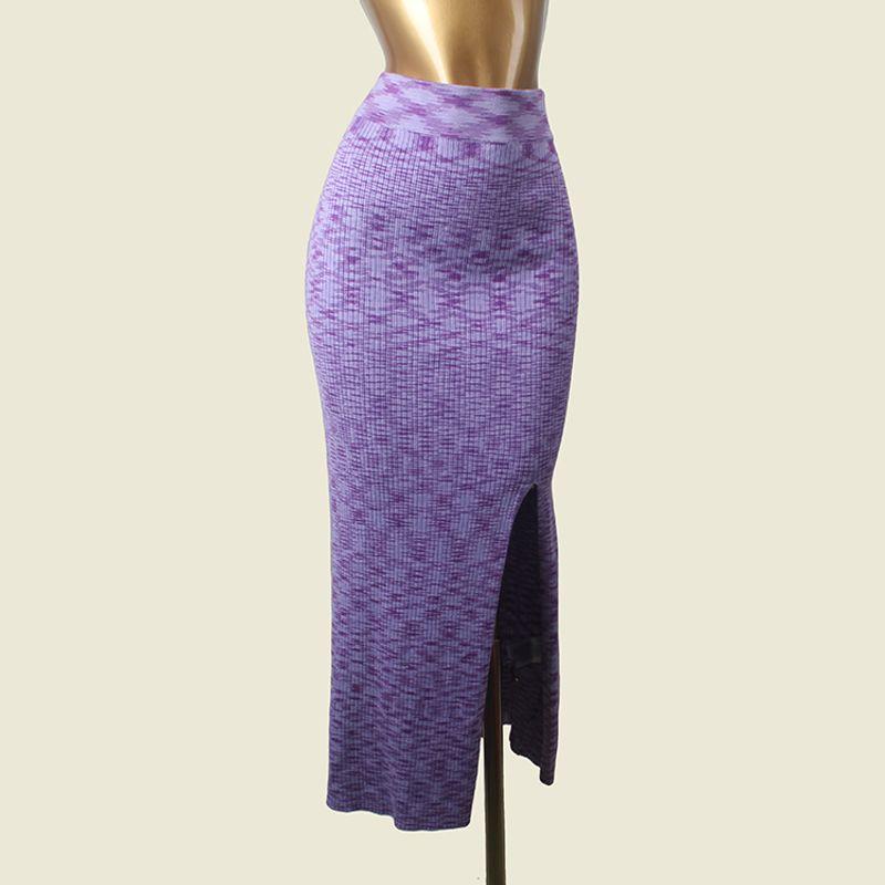 

Australian Brand High Slit Sexy Hip Skirt Foreign Trade Original Order Color Matching Stylish Knitting Skirt Purple XS