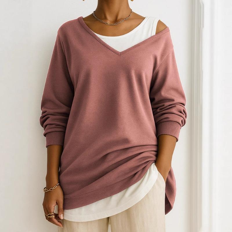 Autumn Winter Loose Casual Fake Two Pieces Sweatshirt Women Long Sleeve V-neck Pullover Top Female T-shirt Tee