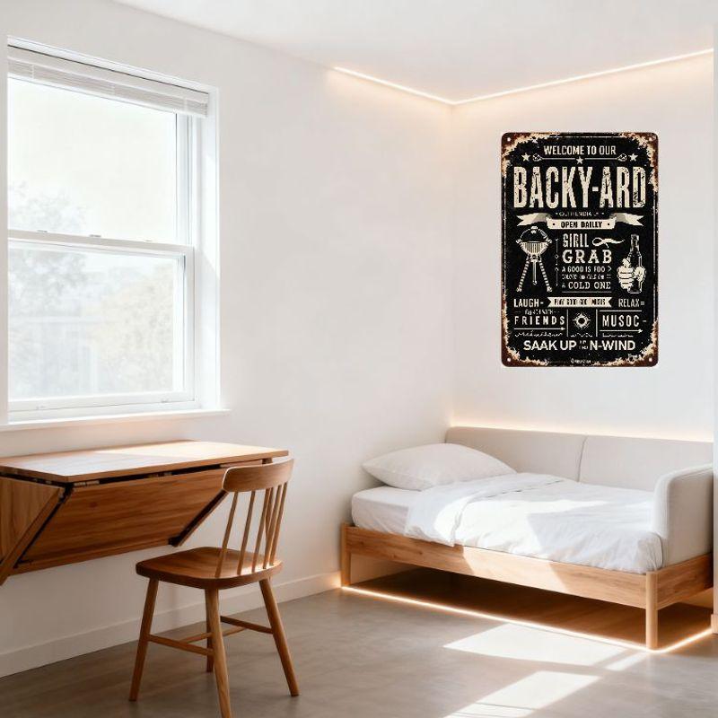 Vintage Rustic Black Metal Sign Retro Backyard Grill Beer Thumbs-Up Art, Welcome To Our Backyard Typo-Infused Outdoor Gathering