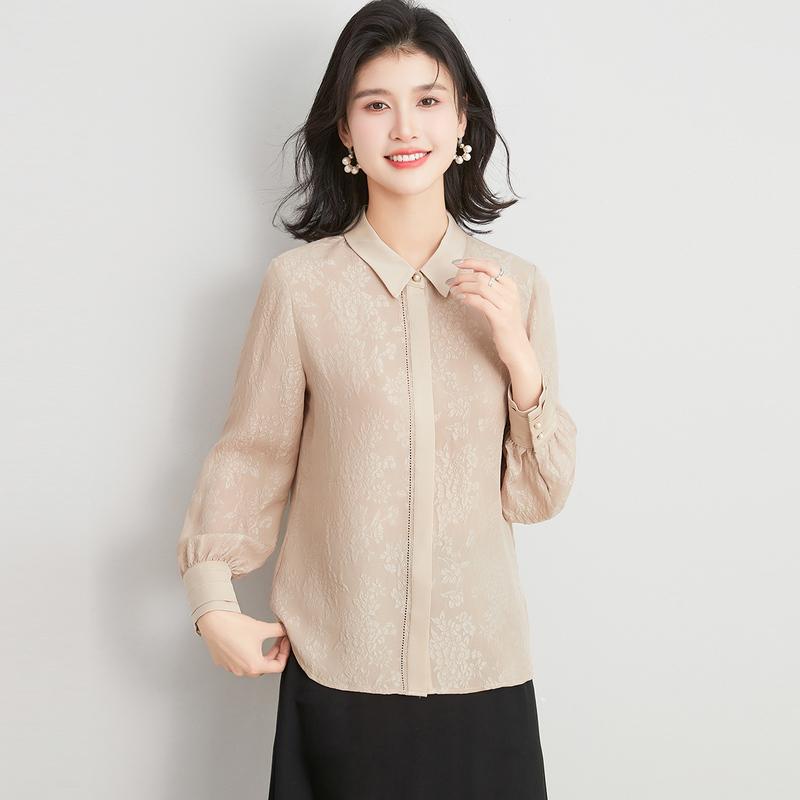 100% Mulberry Silk Crown Le Crepe Spring Thin Collar Jacquard Versatile Fashion Long Sleeve Women's Shirt