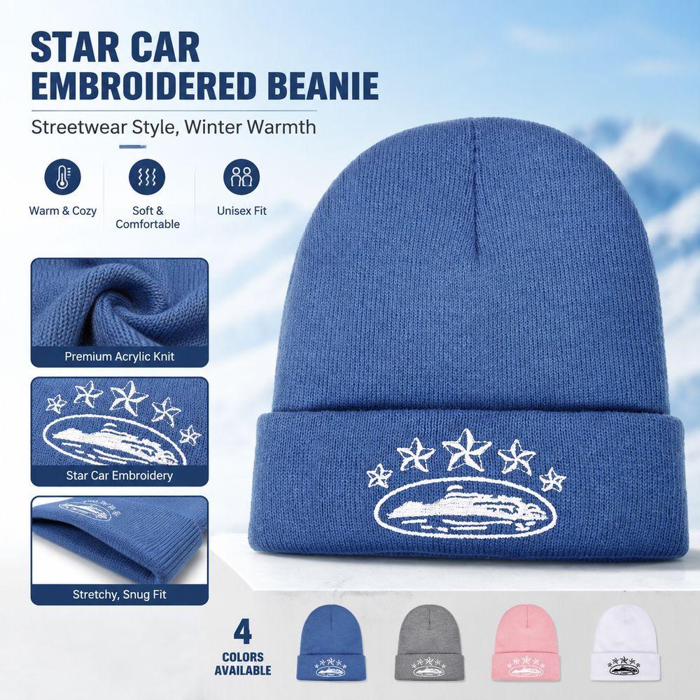 Star Embroidery Cuffed Beanie Hat Stretch Fit Knit Cap Fashion Winter Beanie Men Women