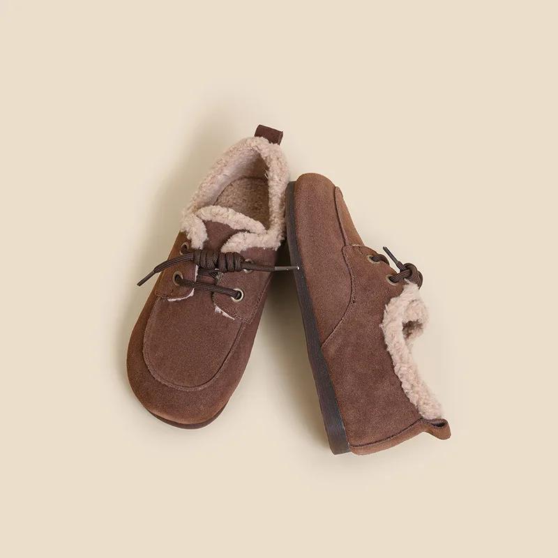 Winter Shoes Women Round Toe Flats Female Footwear Loafers Fur Casual Sneaker Autumn Lace Up Dress Moccasin Suede Cotton Shoes