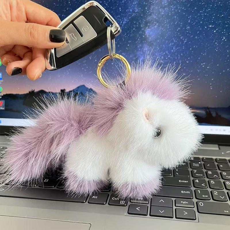 

1PC Keychain Cute Fluffy Car Soft Plush Toy Key Pendant Backpack Faux Fur Keyrings Gifts Imitation Mink Fur Couple Pony Pendant фиолетовый