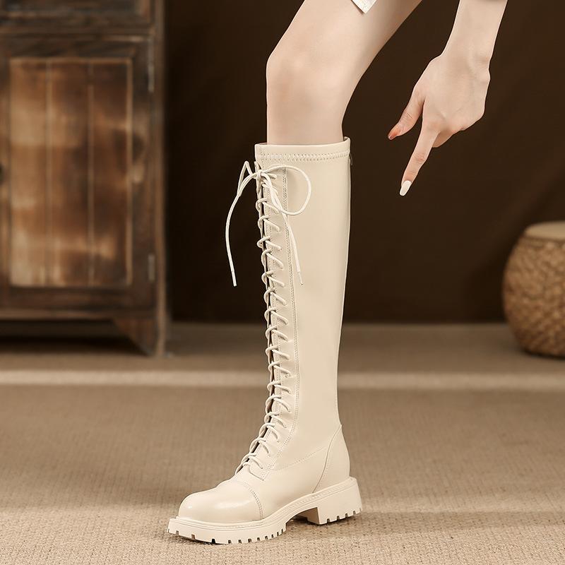 White knight boots women's lace-up boots women's autumn and winter versatile thick-soled boots women's non-slip and wear-resistant
