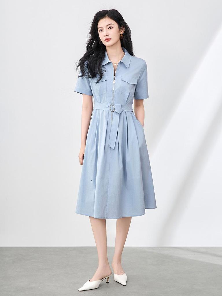 High-Waist Half Zip Casual Summer Shirt Dress