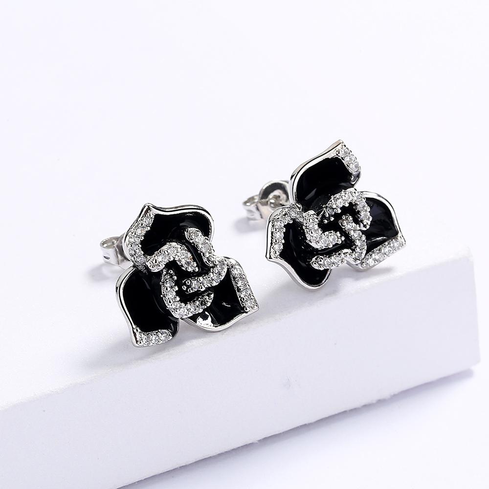 Newest Jewelry Enamel Drip Oil Color Black Color Flower Earring  Silver Birthday Party Simple Jewelry Gift For Ladies