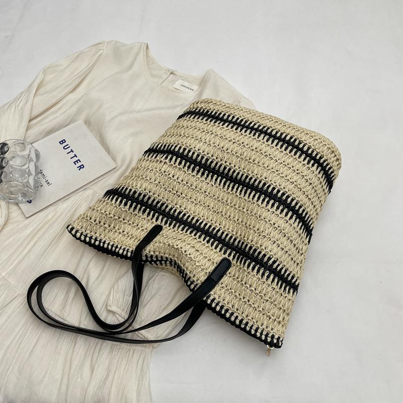 Contrast Color Tote Bag Women's Large Capacity Shoulder Bag Beach Straw Woven Bag