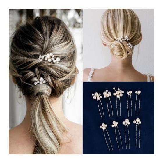 9-Piece Pearl Hair Pins Set - Small & Large Sizes - Bridal, Wedding, Party, Graduation, Kimono, Everyday Wear - Silver Tone