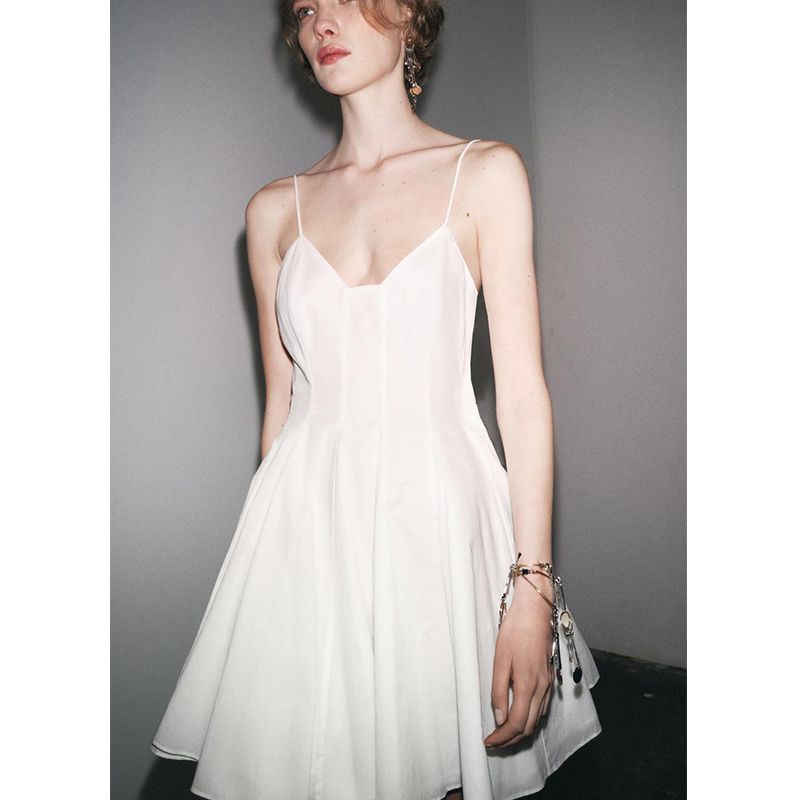 Spring and Summer Women's Clothing French Wide Hem Design V Neck Sleeveless Poplin Cotton Sling Short Dress 2731085