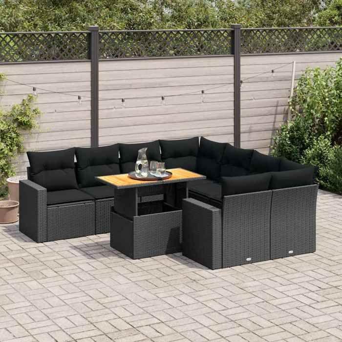 VidaXL Garden Furniture 9 Pcs with Black Wicker Cushions, Outdoor Sofa Set, Garden Lounge Set, Set 3327016