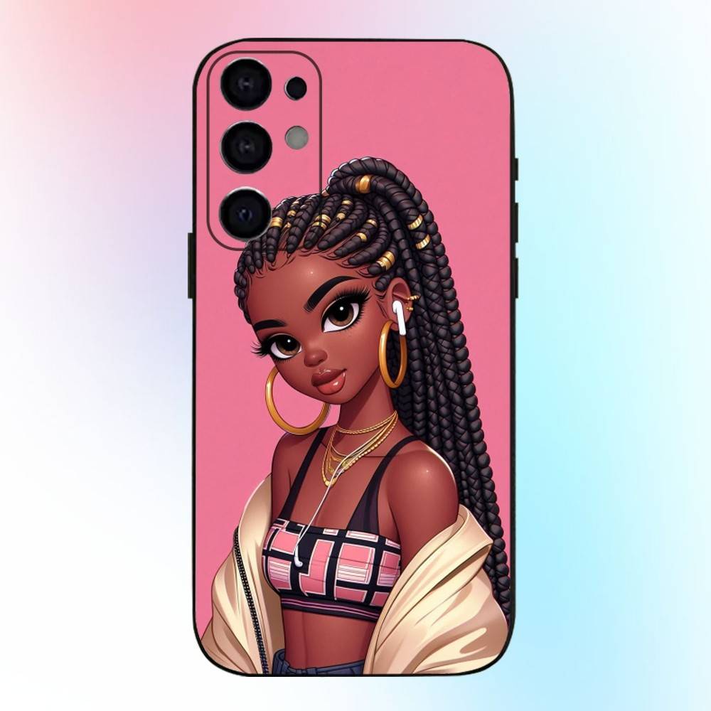Afro Black Girls Cartoon Phone Case For Samsung S25,S24,S21,S22,S23,S30,Ultra,S20,Plus,Fe,Lite,Note,10,9,5G Black Cover
