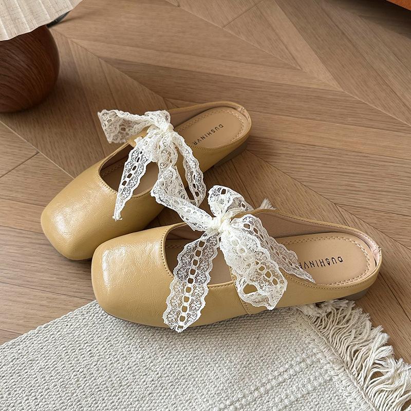 

Flat bottom soft bottom bag head half slippers women s outer wear 2025 new spring and summer cool slippers Mary Jane gentle evening shoes 35