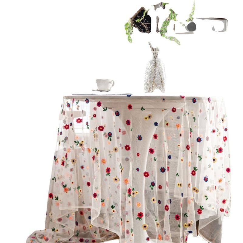 Table Cloth Multicolour Embroidered Flowers Cake Photography Background Embroidered Props Cloth White Tablecloth