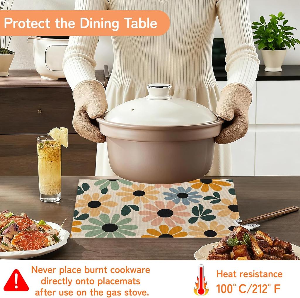 Retro Daisy Flower Placemats Set of 6,Dinner Table Mats Non-Slip Washable Mats for Kitchen Dinner Party Tablemat 12x18Inch