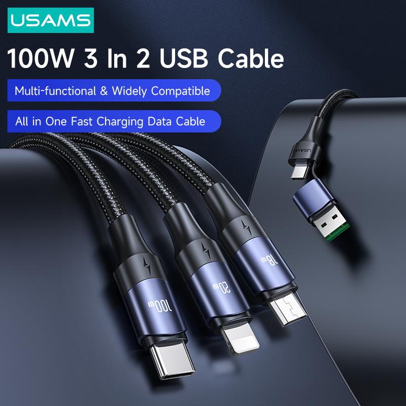 USAMS PD 100W 5 In 1 Fast Charge Data Cable QC 3.0 USB To Type C Micro USB Lightning Cable For iPhone iPad Huawei Xiaomi Samsung