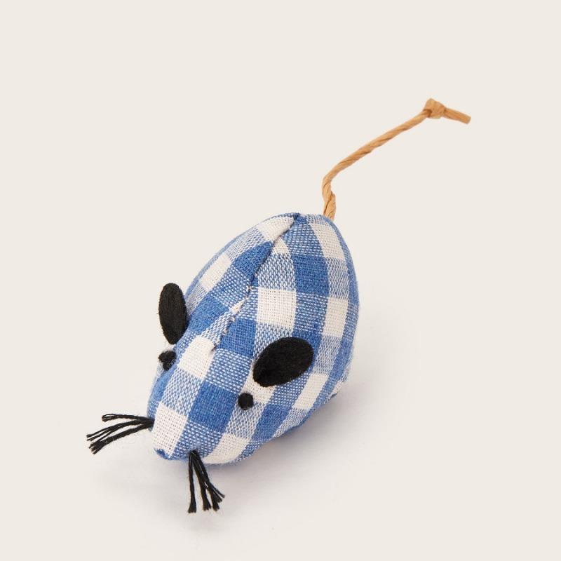 

Blue White Gingham Plush Mouse Cat Toy, Soft Fabric Kitten Teaser with Tail, Interactive Pet Play Chew Toy for Cats Gift синий