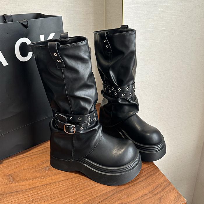 Hottie Platform Thick Heel Women Pipe Knight Boots Fashion Belt Buckle Shoes Female Punk Mid Calf Booties  De Muje