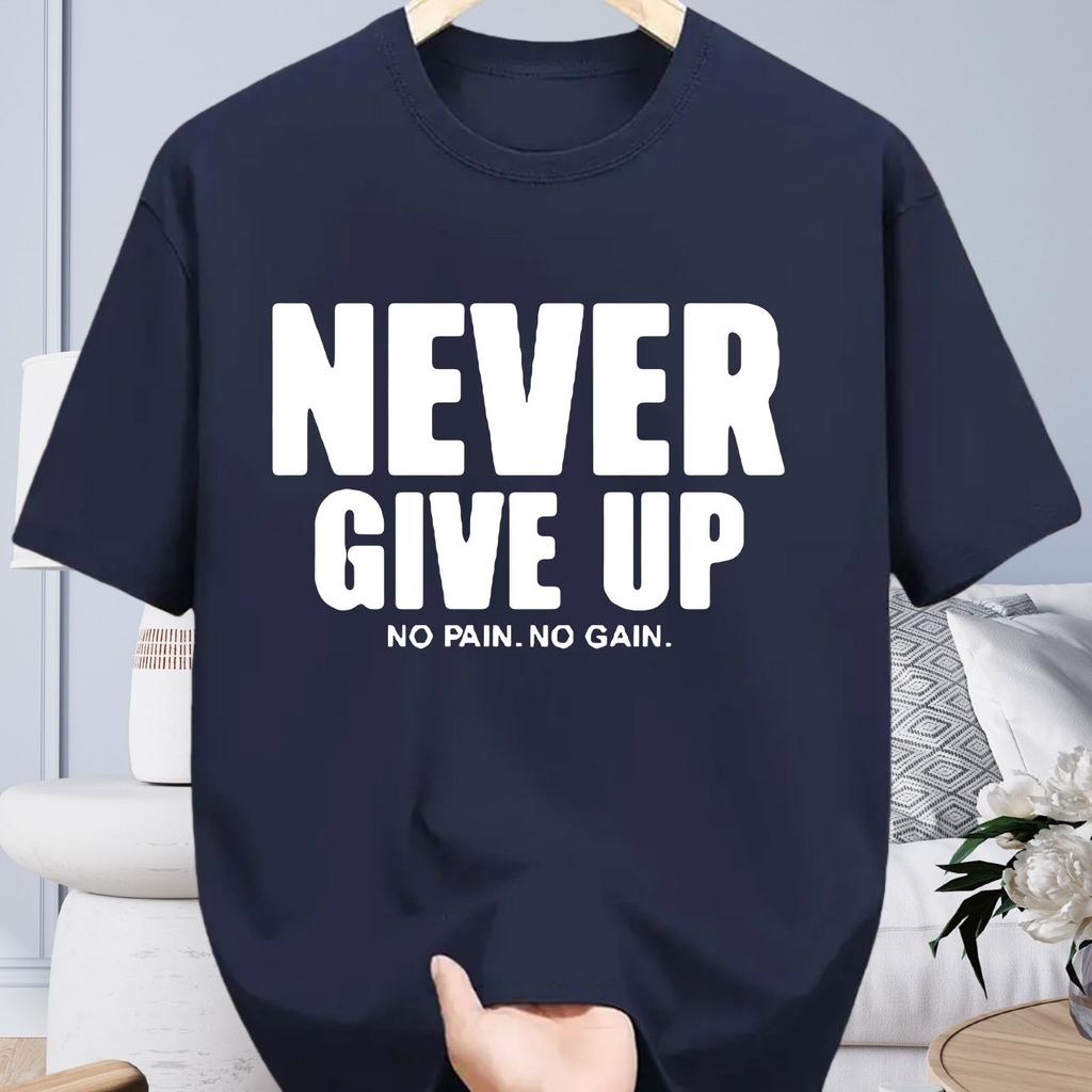 Mens Clothing for Spring and Summer Soft Cotton Never Give Up Printing Daily Fashion Wear Short Sleeved Round Neck Tshirt