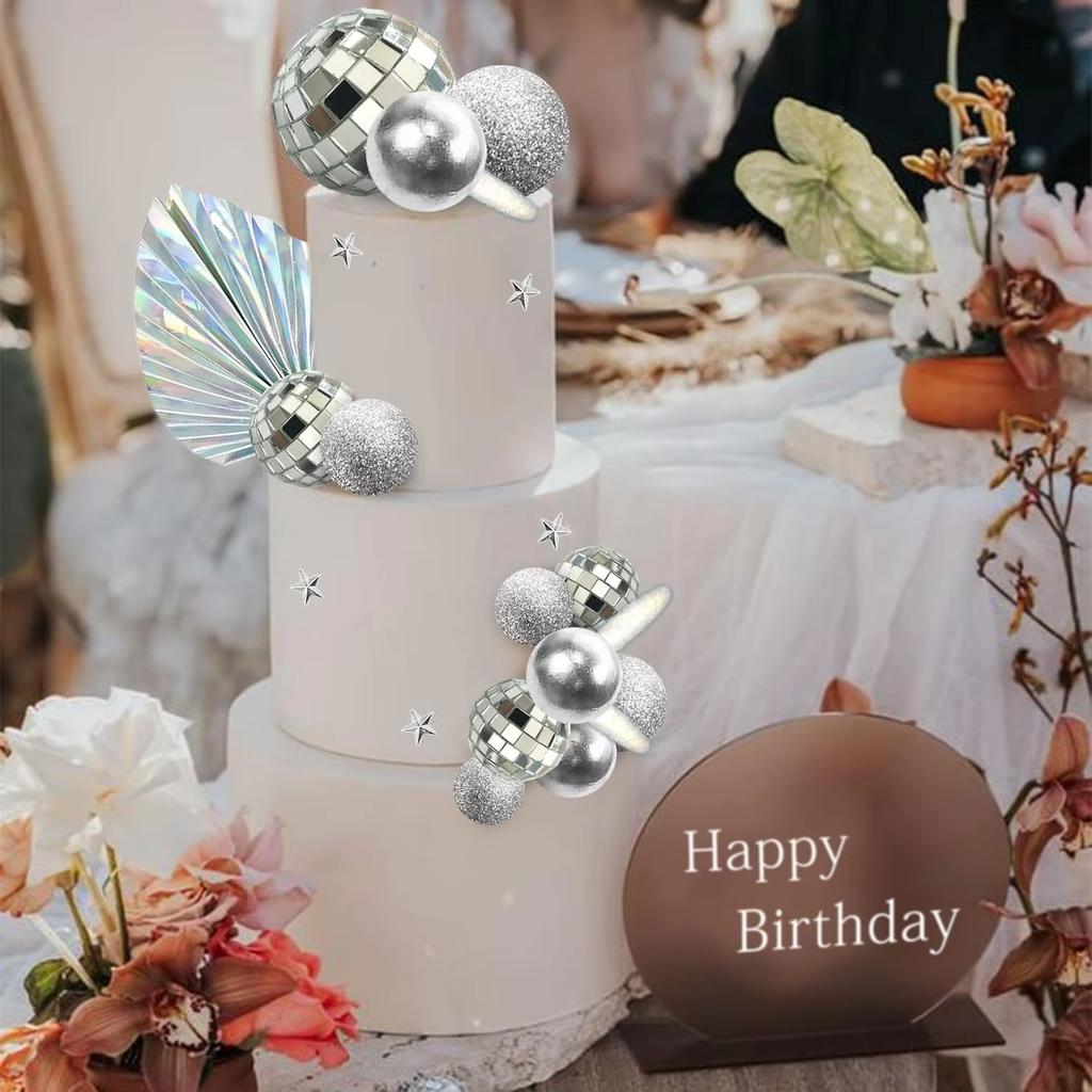 26pcs Disco Balls Cake Toppers Mirror Balls with Boho Stars Cake Decorations for Disco Dance Party Saturday Night Fever Supplies