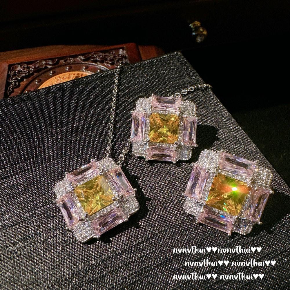 Nvnvthui Papalacha Pink Jewel Necklace, Sotheby S, 18K Gold Plated, Twilight Yellow Fat Square Zircon Earrings