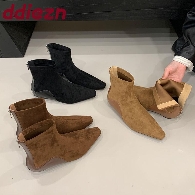 Mode Damen Spitzschuhe Damen Stiefeletten Modern mit niedrigem Absatz Schuhe Mode Flock Damen Kurze Stiefel Reißverschlüsse Schuhe Dame