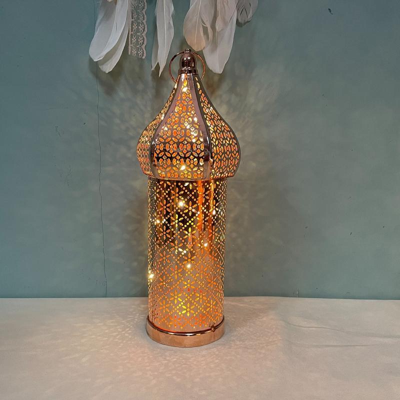 Golden Moroccan Lantern, Hollow Iron LED Light for Home Decor, Ramadan Eid Wedding, Indoor Outdoor Hanging Pendant Lamp - 1PC