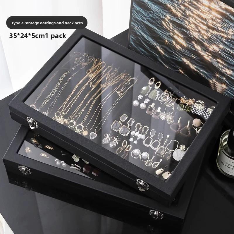 Leather Jewelry Box With Glass Cover For Necklaces Rings Earrings Bracelets Storage