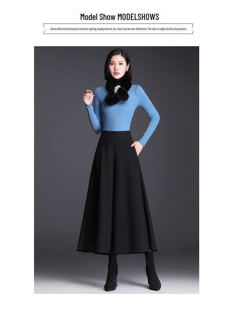 Women's Woolen Wide-Leg Cropped Pants - High-Waisted, Plus Size, Black Palazzo for Autumn/Winter 2025