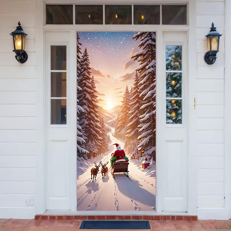 

2D Holiday Santa Door Decor, Santa Sleigh with Reindeer and Starry Sky Door Banner 47.2x31.5inch/120*80cm