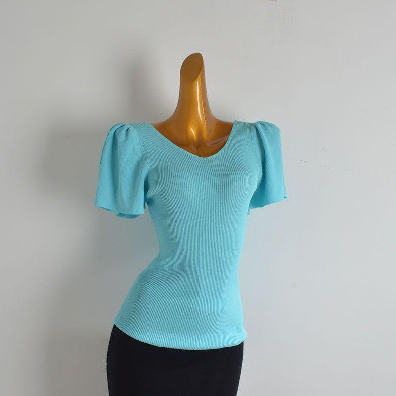 Cabinet V-neck Pleat Short sleeve Ice Silk Knit Women clothes Summer Pure Desire Wind Slim fit Slimming All-Match T-shirt Top