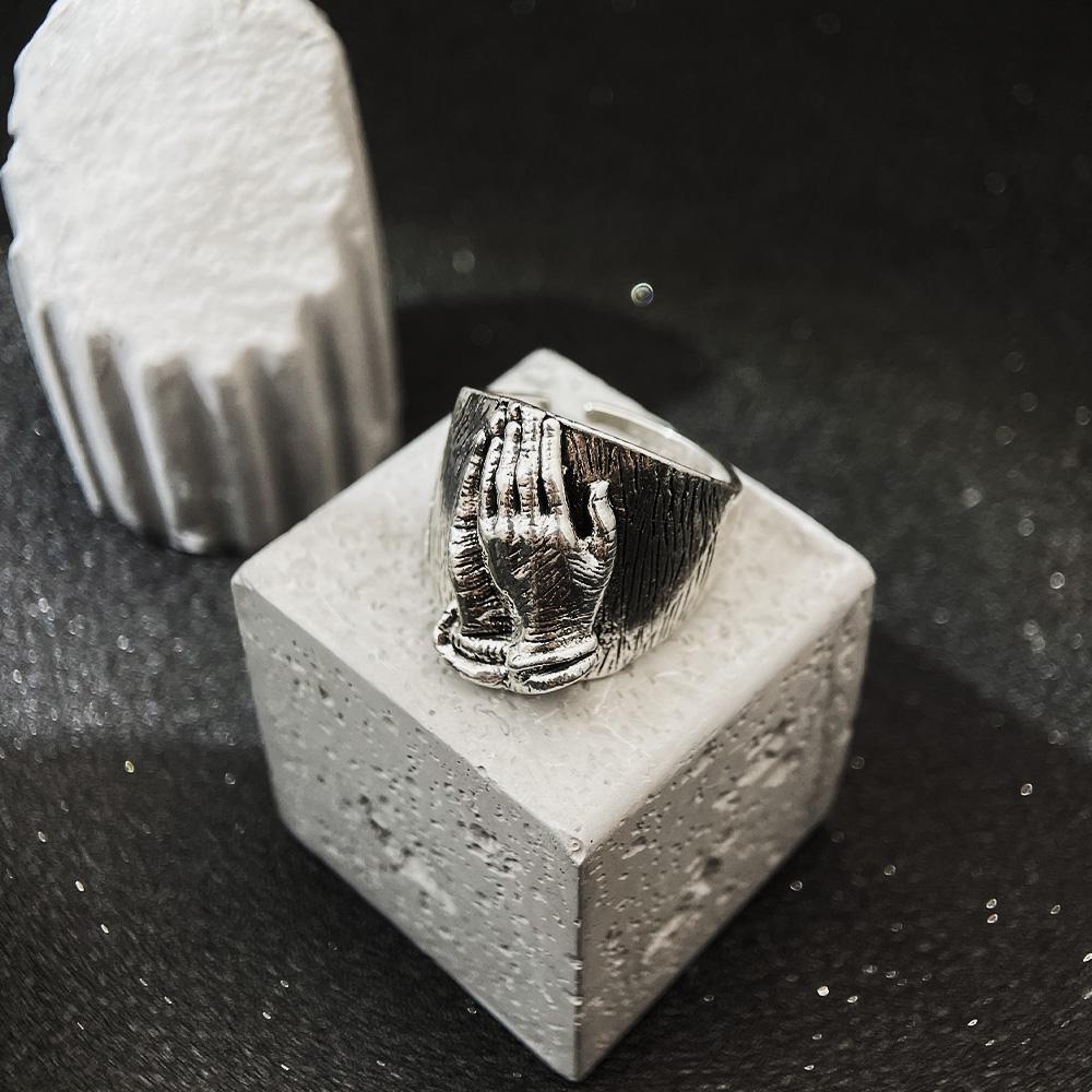 Retro Praying Hands Adjustable Open Ring for Men Women Gothic Punk Biblical Jewelry Unisex Christian Gift Vintage Accessories