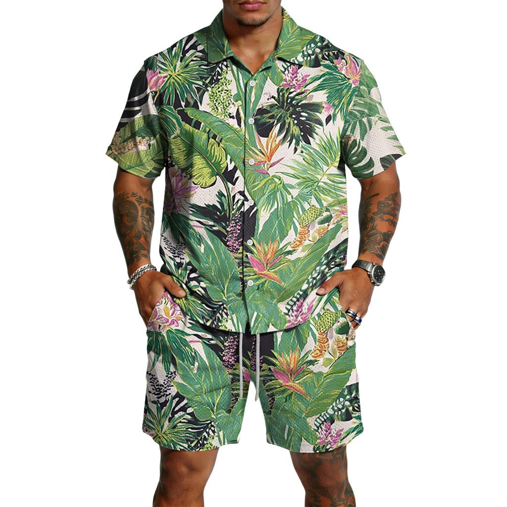 Men's Casual Printed Lightweight Breathable Shirt and Drawstring Shorts Set