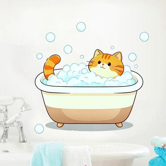 Cartoon Cat Wall Sticker, Funny Orange Cat Bathing/Licking Wall Decal, Peel And Stick Self-Adhesive PVC Room Mural for Kitchen, Bathroom