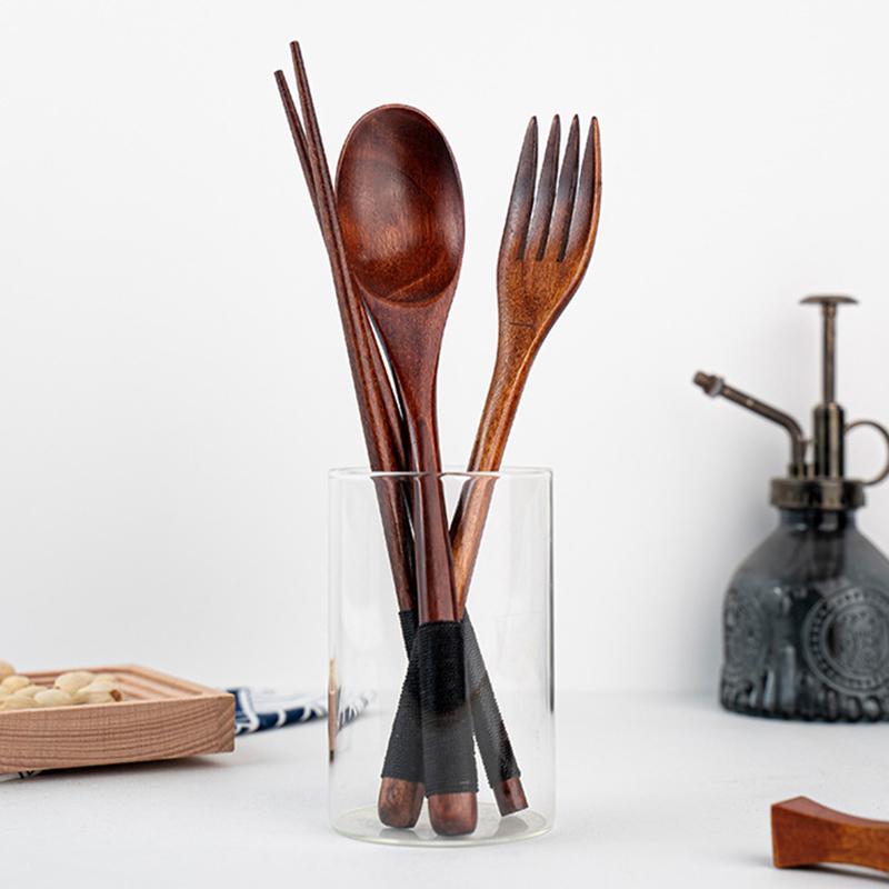 3 Stück Holzlöffel Gabel Essstäbchen Besteckset Tragbares Geschirrset Dessert Suppenlöffel Speisegabel Sushi Essstäbchen Geschirr