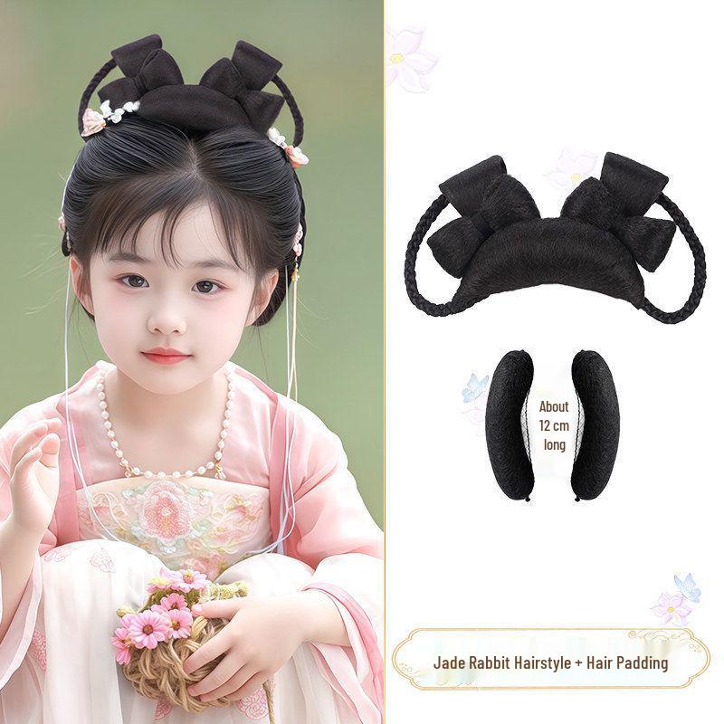 Jade Rabbit Hanfu Wig: Children's Ancient Style Tang Dynasty Updo with Hair Padding and Bun Headdress