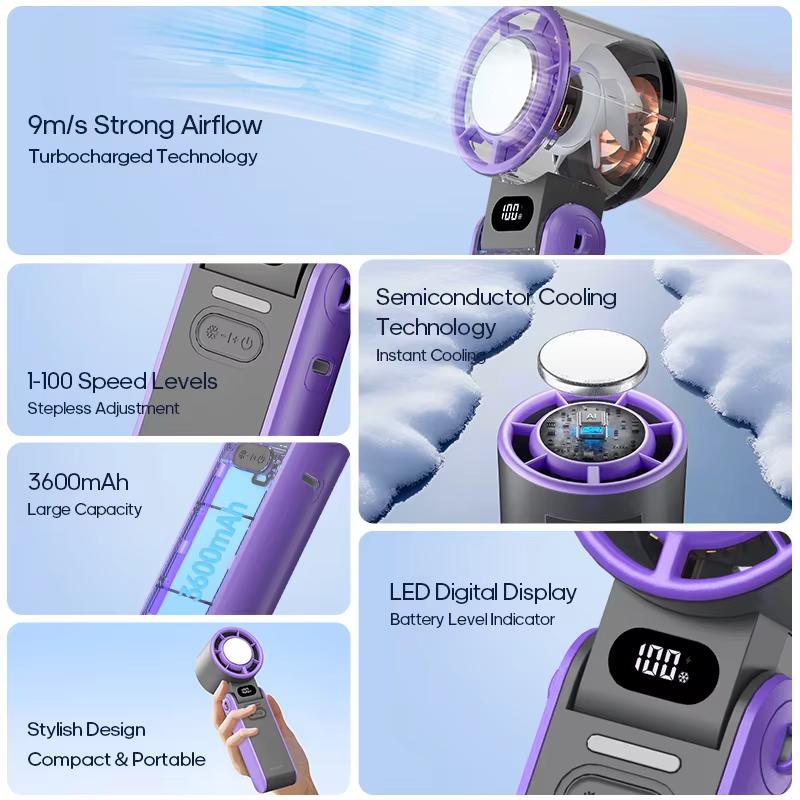 Mini ventilateur portable pliable d'extérieur, rechargeable, 3600 mAh, contrôle libre sur 100 niveaux, turbo haute vitesse