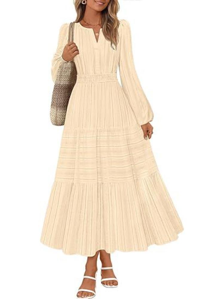 Women's V-Neck Flared Maxi Dress with Waist Pleats In Multiple Colors