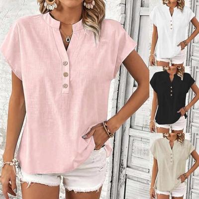 2026 Summer New Elegant Casual Faux Button Solid Color V-Neck Women's T-Shirt Top