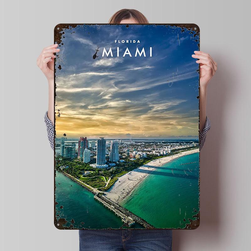 Miami Florida Printed Posters Customizable Wall Art Retro Vintage Metal Tin Signs for Home Room Mancave Decoration Gaming Garden