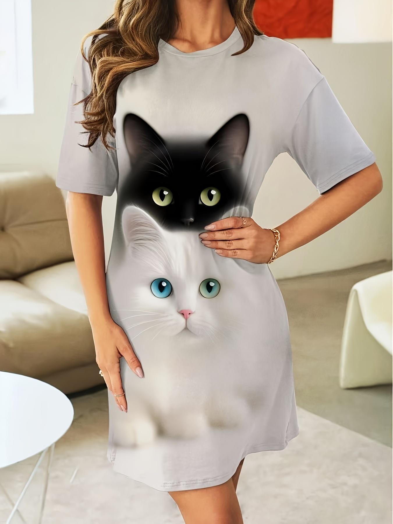 

A Casual Round-Neck Sleep Dress for Women Featuring a Black And White Cat Print. Made from Soft And Breathable Fabric. Machine Washable. Comfortable f M дубильная кора
