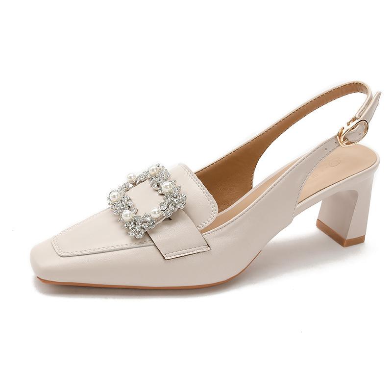 Square head rear empty single shoes new leather temperament one-word buckle with bag head sandals women's thick heel high heels