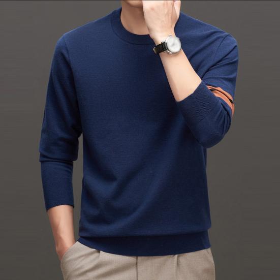 Men Fall Winter Sweater with Stretchy Cuffs And Hem Round Neck Thickened Keep Warm Solid Color Long Sleeves Mid Length Top