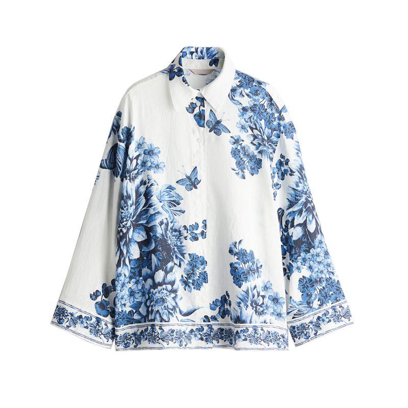 

Spring and Summer New Women s Clothing Loose Version Fold Collar Drop-Shoulder Long-Sleeve Print Linen Blended Shirt 1266562 Blue Florals L