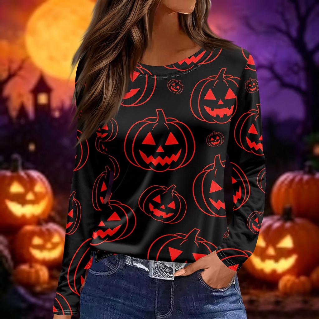 Womens Halloween Print Long Sleeve Top Round Neck Casual Pullover Shirt with Side Slit Hem Lightweight Stretchy Fabric