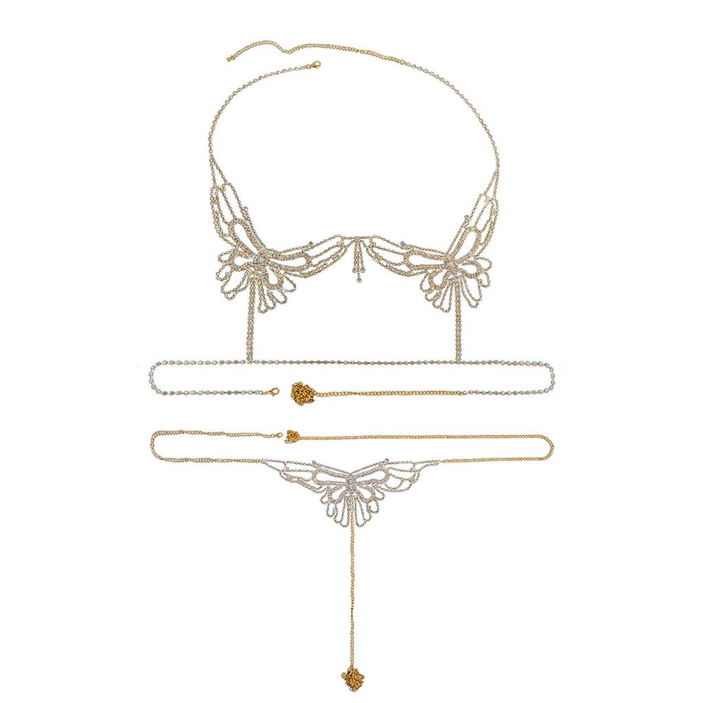 Funkelndes Strass-Körper Schmuckset Kristall Bikini BH-Oberteil und Höschen Tanga Körperkette Accessoires für Damen